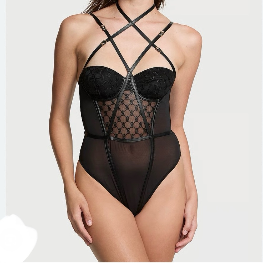 NWT Victoria’s Secret logo embroidery balconette faux leather trim teddy
